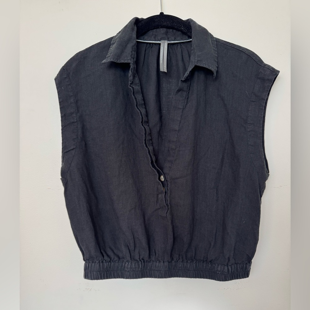 Anthropologie 100% Linen Black Collared Cropped Pullover Blouse - Small